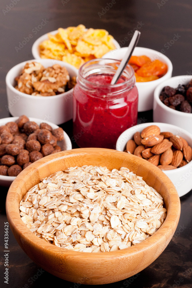 cereal and various delicious ingredients for breakfast cereal and various delicious ingredients for breakfast