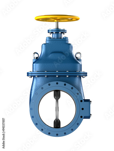 High resolution 3D Industrial blue pipeline valve with on white background 