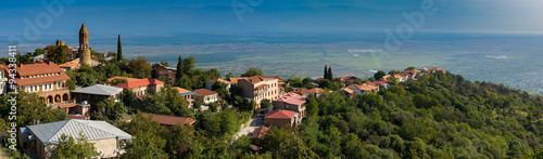 Wide panorama of Sighnaghi and Alazani valley from the hotel Kabadoni, Sighnaghi, Georgia photo
