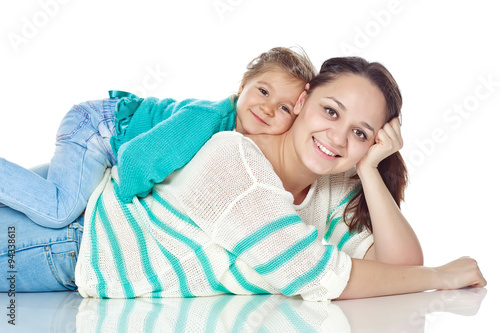 Mother are playing with daughter, white background