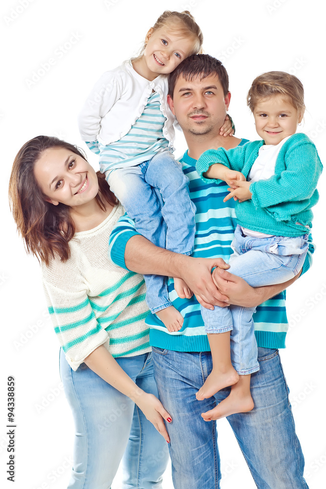 Happy family with kids in studio, white background Happy family with kids in studio, white background