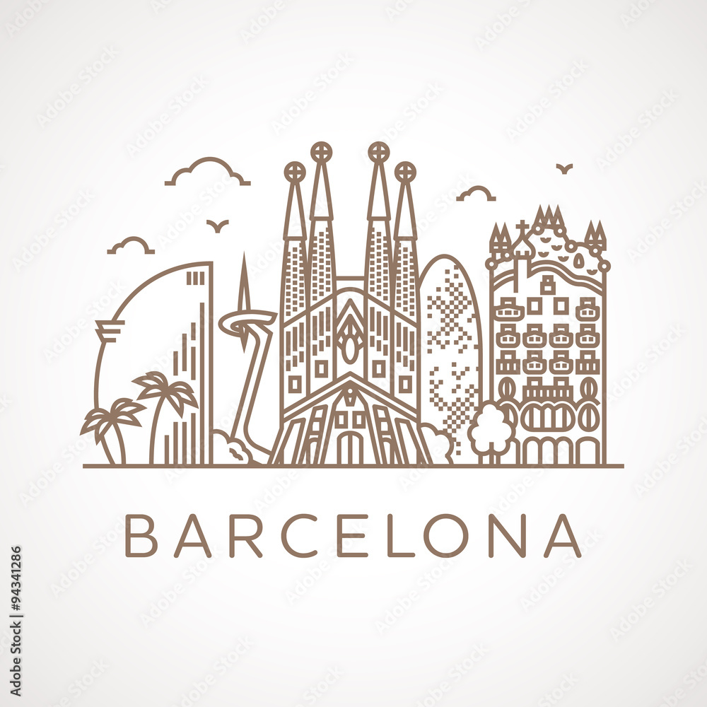 Trendy line-art illustration of Barcelona. - obrazy, fototapety, plakaty 