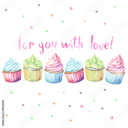 Wallpaper Mural Sweet delicious watercolor cupcakes with typography