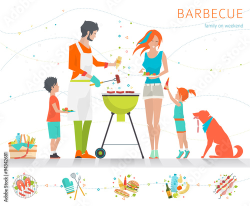 Family on weekend. Barbecue party. Summer outdoor activity. Vector flat illustration.
