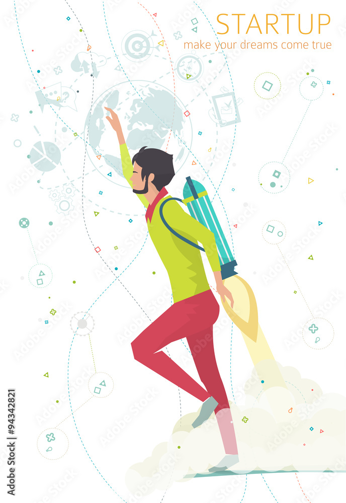 Concept of startup with rocket belt. Make dreams come true. Concept of startup with rocket belt. Make dreams come true.