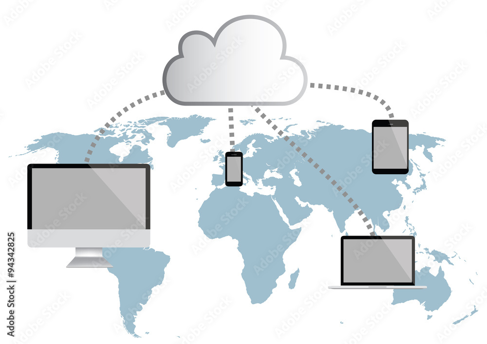 cloud computing illustration - laptop, computer, mobile phone, notepad cloud computing illustration - laptop, computer, mobile phone, notepad