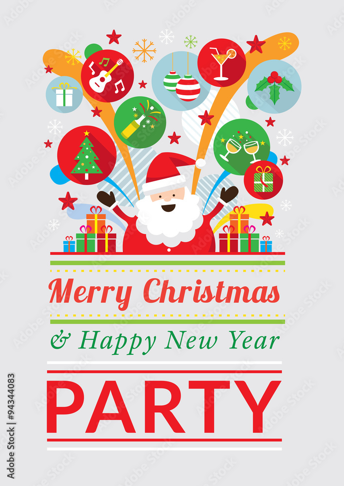 Fototapeta premium Santa Claus with Party Icons, Merry Christmas and Happy New year