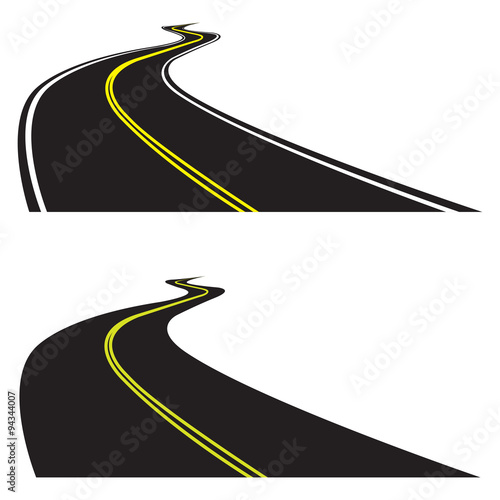 Asphalt road set isolated on white background. Vector illustration of winding road. Perspective view.