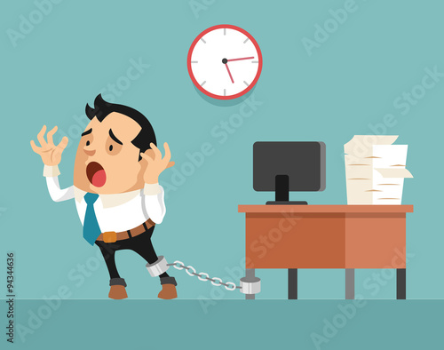 Businessman chained to the desk. Vector flat illustration