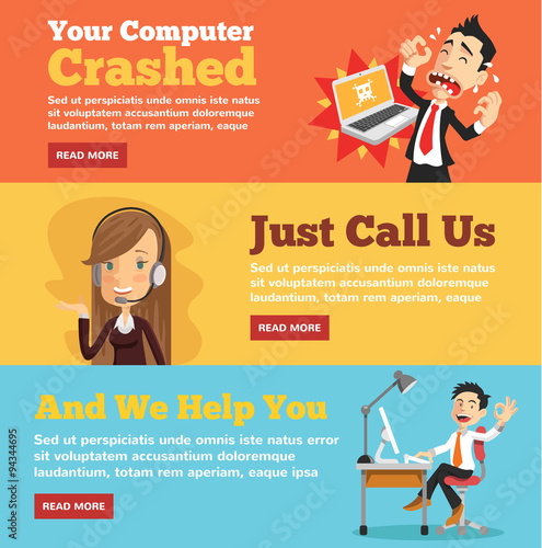 Computer service, computer store flat illustration concepts set