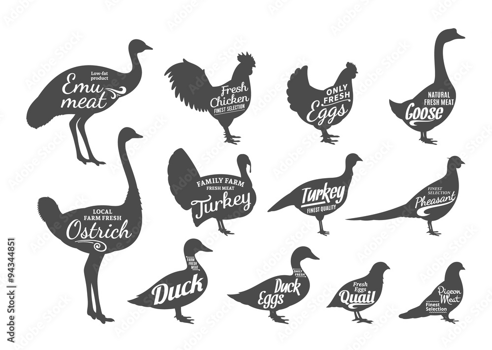 Obraz premium Poultry Silhouettes Collection, Butchery Labels Templates