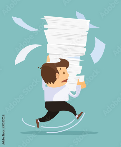 Businessman holding a lot of documents. Vector flat illustration