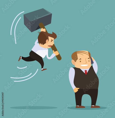 Cartoon businessman holding a huge mallet ready to kill boss. Vector flat illustration