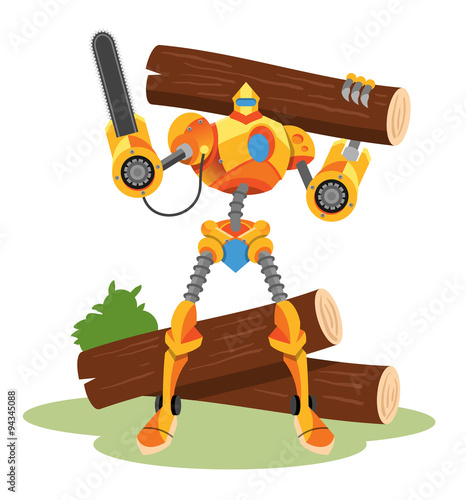 Robot Woodcutter. Vector flat illustration