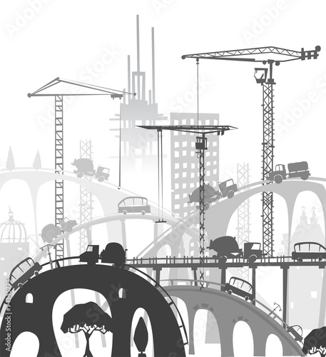 Building construction city in the city. Illustration with roads and transport units