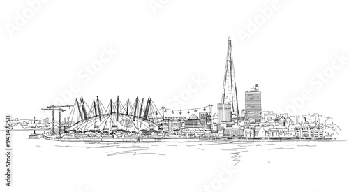 London sketch illustration with Shard of glass and river Thames