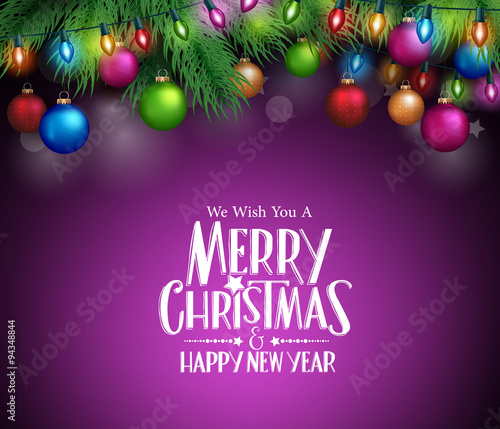 Merry Christmas Greetings with Christmas Decorations and Objects in Dark Night Background. Vector Illustration 