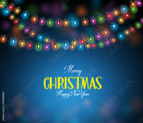 Merry Christmas Greetings with Realistic 3D Colorful Christmas Lights Hanging in Dark Night Background. Vector Illustration
