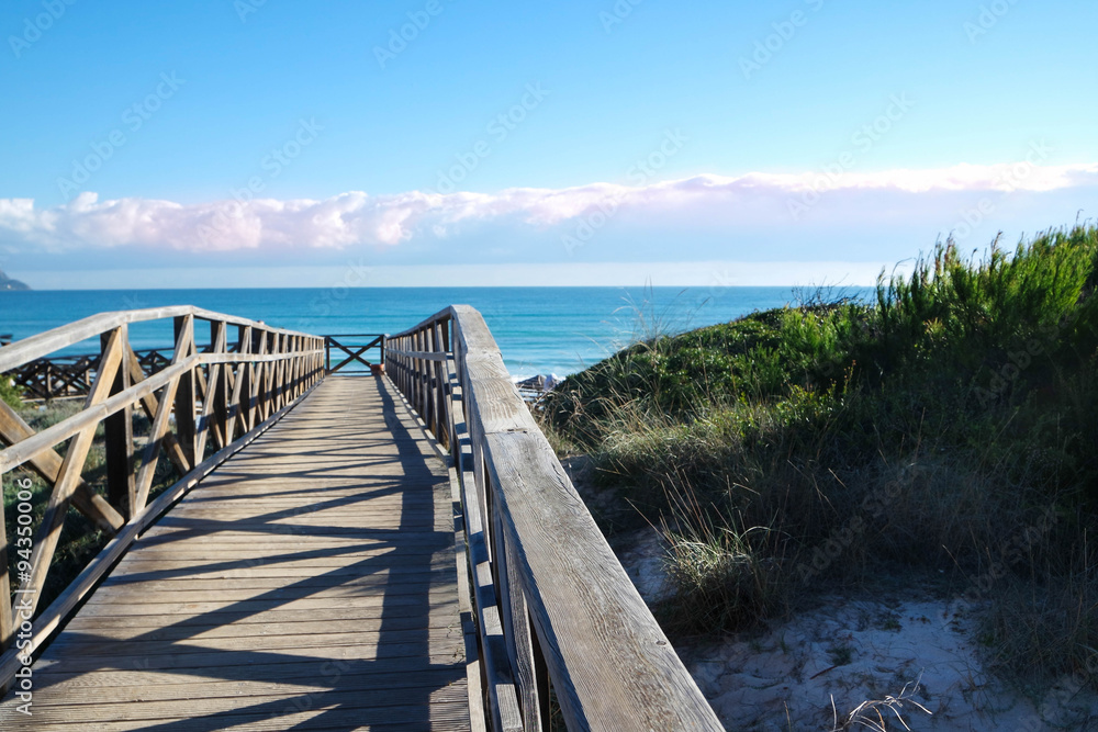 Fototapeta premium Holzsteg über Dünen zum Strand auf Mallorca