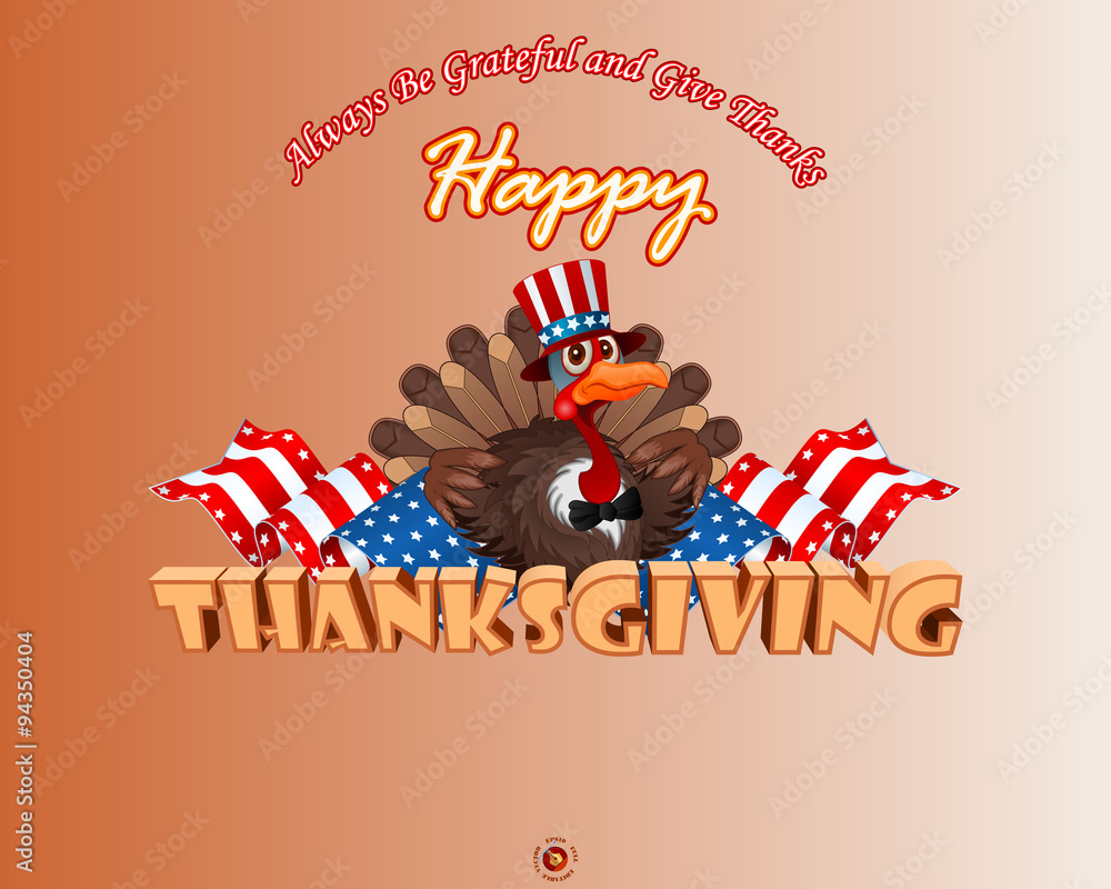 Happy Thanksgiving design background with cartoon turkey wearing a Uncle  Sam hat and bow-tie; Cartoon Thanksgiving turkey on national flag colors  for American Thanksgiving Day, large space for text Stock Vector |