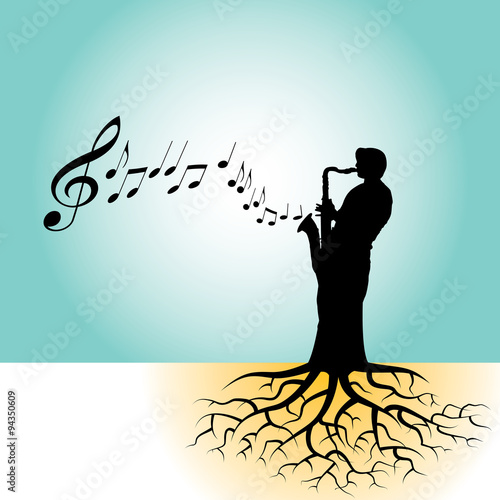 This vector background has a sax player with tree roots