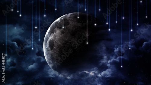 Peaceful background, blue night sky with moon, stars, beautiful clouds, glowing horizon. Elements furnished by NASA