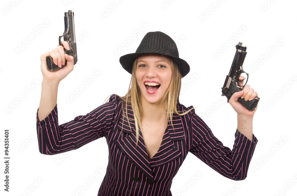 Gangster woman with gun isolated on white Gangster woman with gun isolated on white