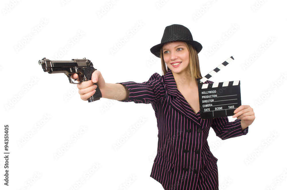 Woman with movie clapboard isolated on white Woman with movie clapboard isolated on white
