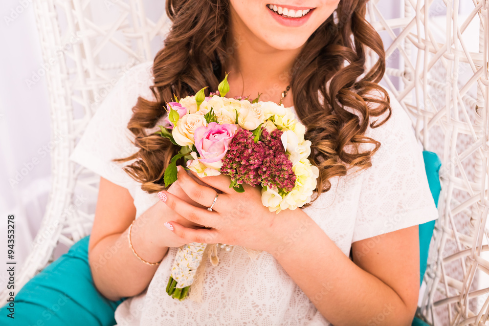 holidays, love and flower concept - young woman with bouquet of flowers holidays, love and flower concept - young woman with bouquet of flowers