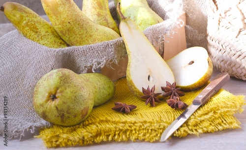 Green pears on a sackcloth photo