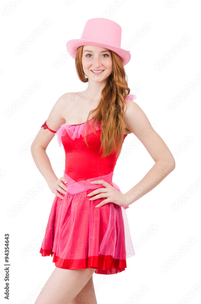 Pretty young wizard in mini pink dress isolated on white Pretty young wizard in mini pink dress isolated on white