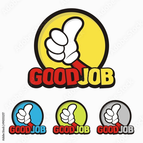Good Job Icon. Vector illustration of hand thumbs up sign and lettering good job. Isolated on white background.