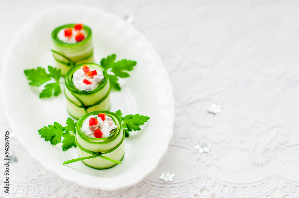 Cucumber Rolls Stuffed with Feta, Herbs, Capsicum and Black Oliv Cucumber Rolls Stuffed with Feta, Herbs, Capsicum and Black Oliv