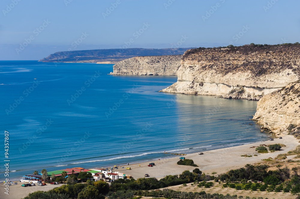 View of the beach, the cliffs and the azure sea. Cyprus