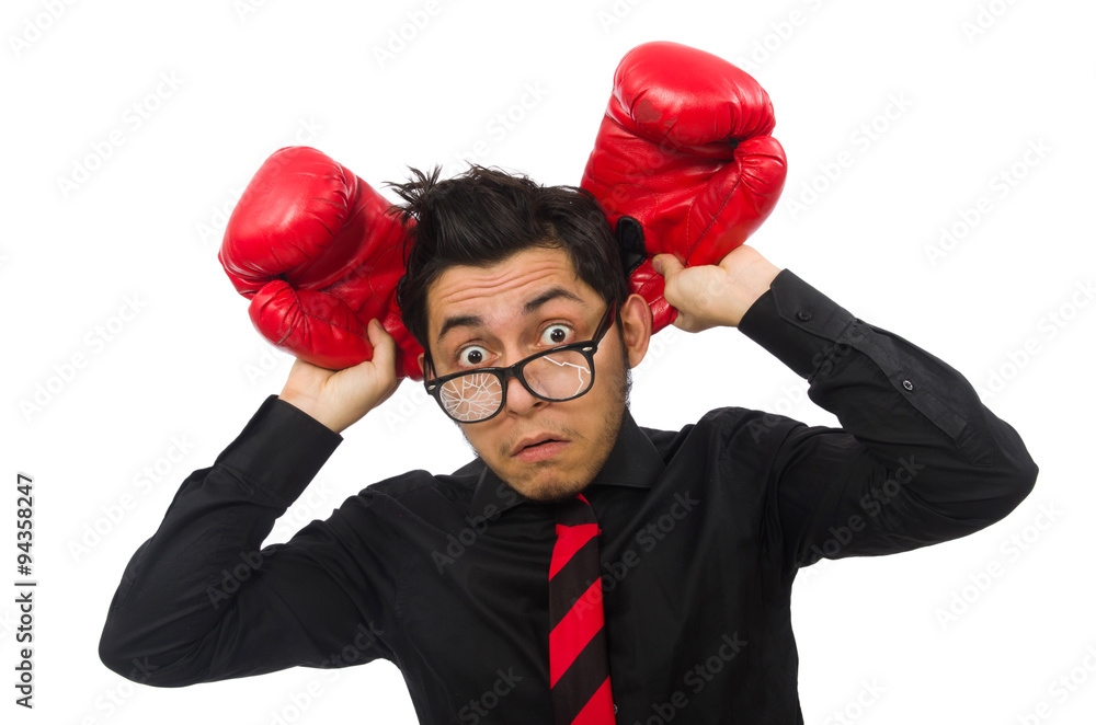 Man businessman with red boxing gloves Man businessman with red boxing gloves