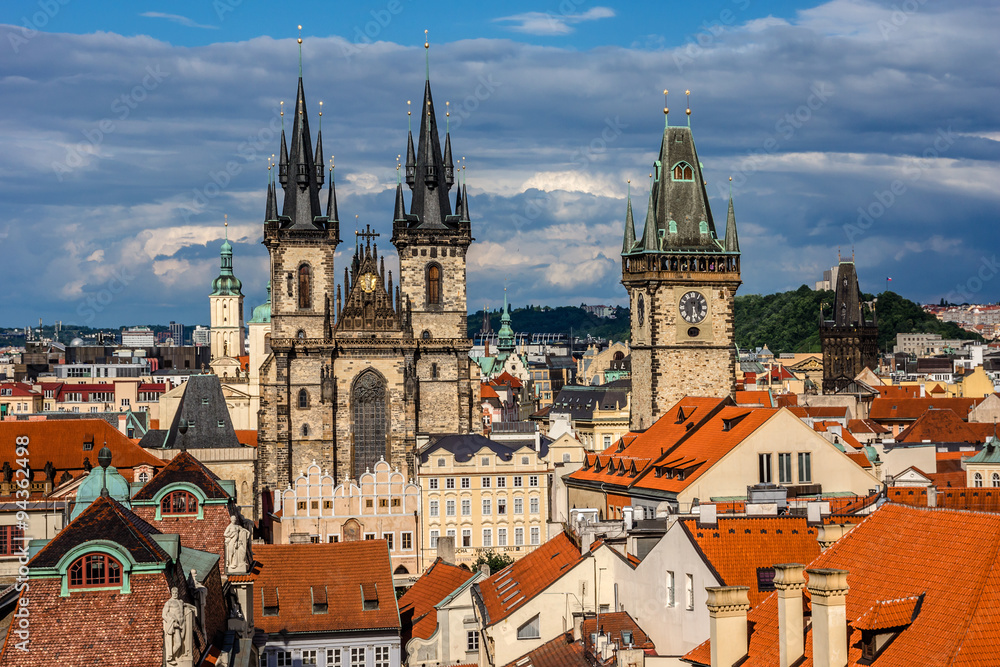 Aerial view: Traditional red roofed Houses in Prague. Czech Rep.