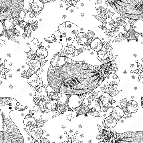 Christmas goose in funny hat doodle seamless.