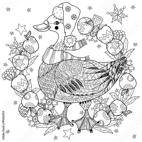 Christmas goose in funny hat doodle
