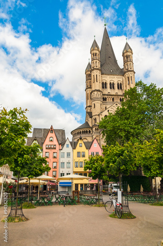 Colorful houses and Great St. Martin Church Cologne, Germany