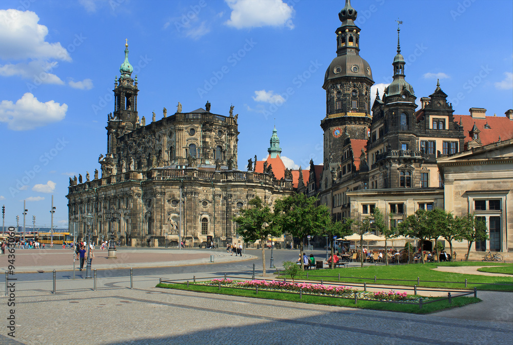 Obraz premium DRESDEN, GERMANY, JUNE 12: Cathedral of the Holy Trinity (left) and Dresden Castle (right) on June 12 2013, Dresden, Germany