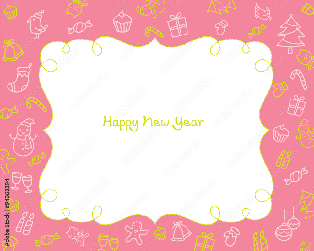 New Year Decoration Outline Icons Border, Pink Background, Happy New Year, Merry Christmas, Xmas, Objects, Festive, Celebrations