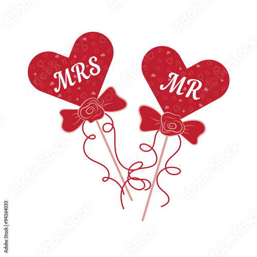 Vector wedding hearts MR and MRS on a stick