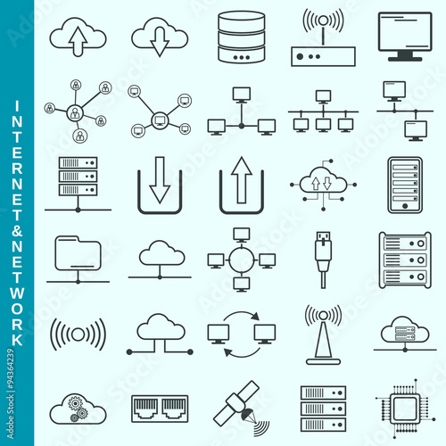 Thin line internet and network, cloud computing, remote control vector icons set