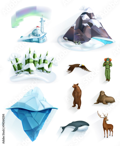 Polar nature, winter wonderland, low poly style icon set