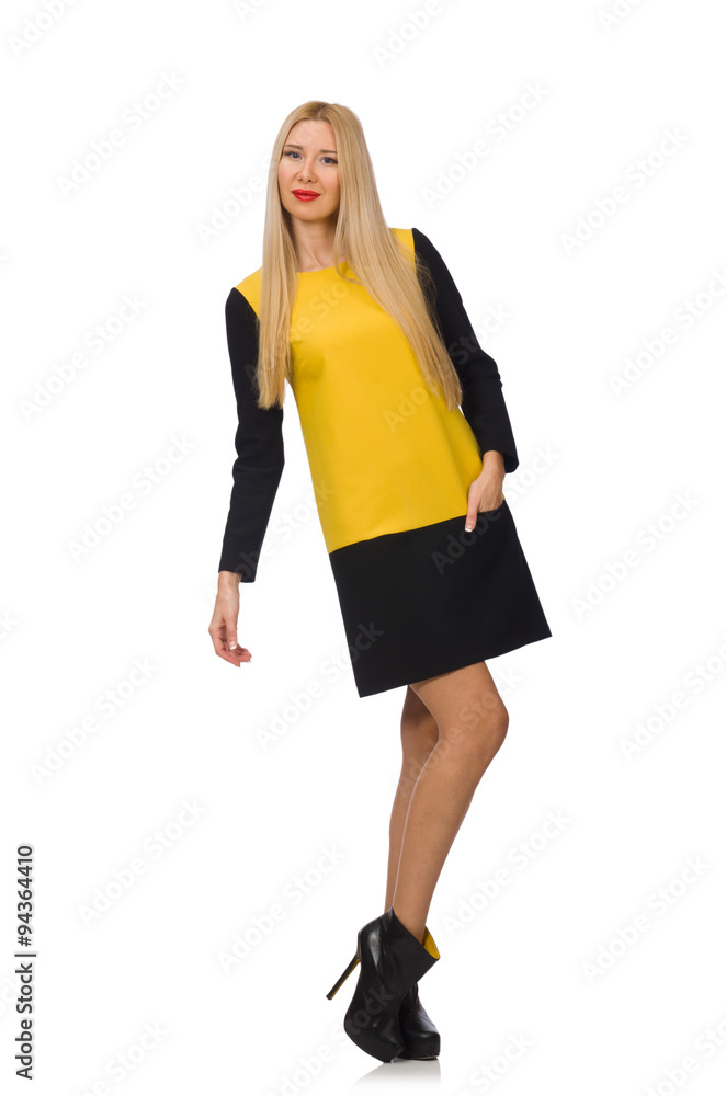 Blond hair girl in yellow and black clothing isolated on white Blond hair girl in yellow and black clothing isolated on white