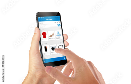 Smart phone online shopping in man hand isolated. Buy clothes shoes accessories with e commerce web site photo
