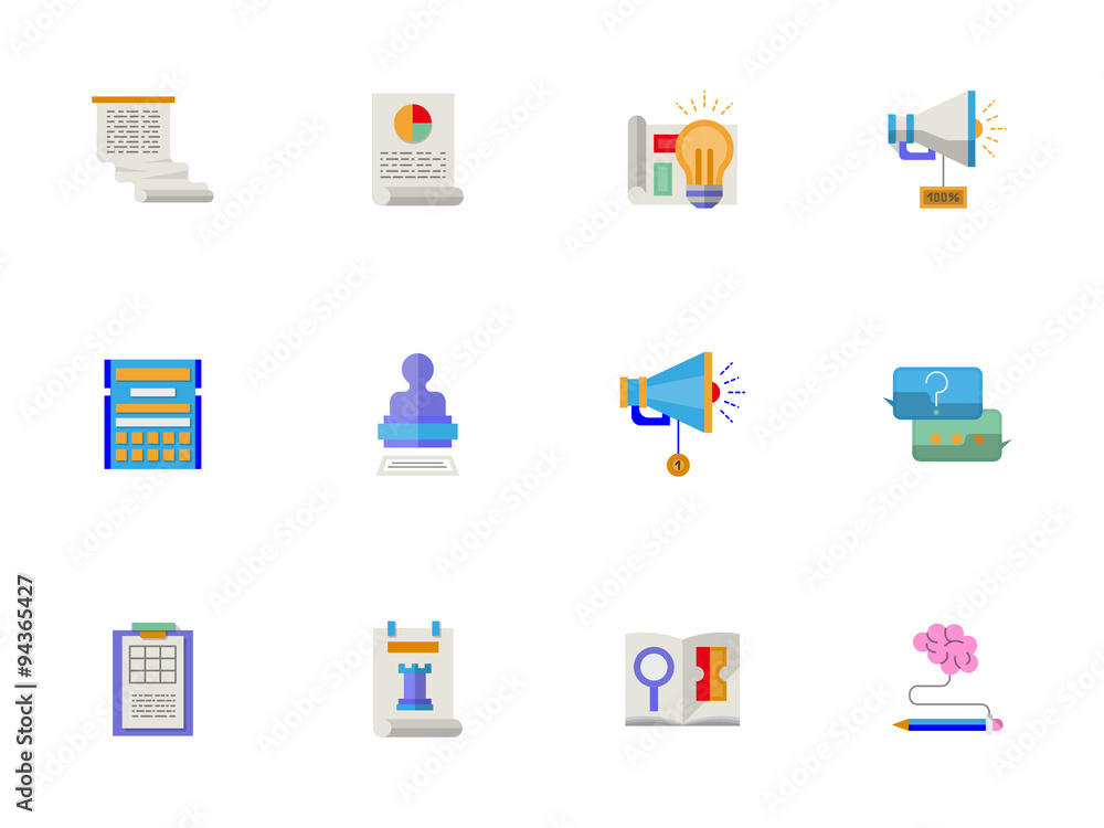 Flat color account planning icons set Flat color account planning icons set
