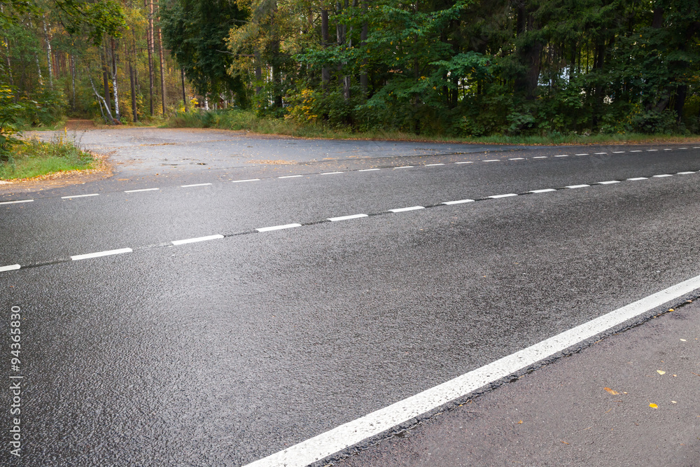 Obraz premium Wet rural asphalt road with dividing line