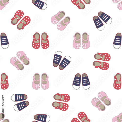 Kids seamless pattern with colored shoes on white background