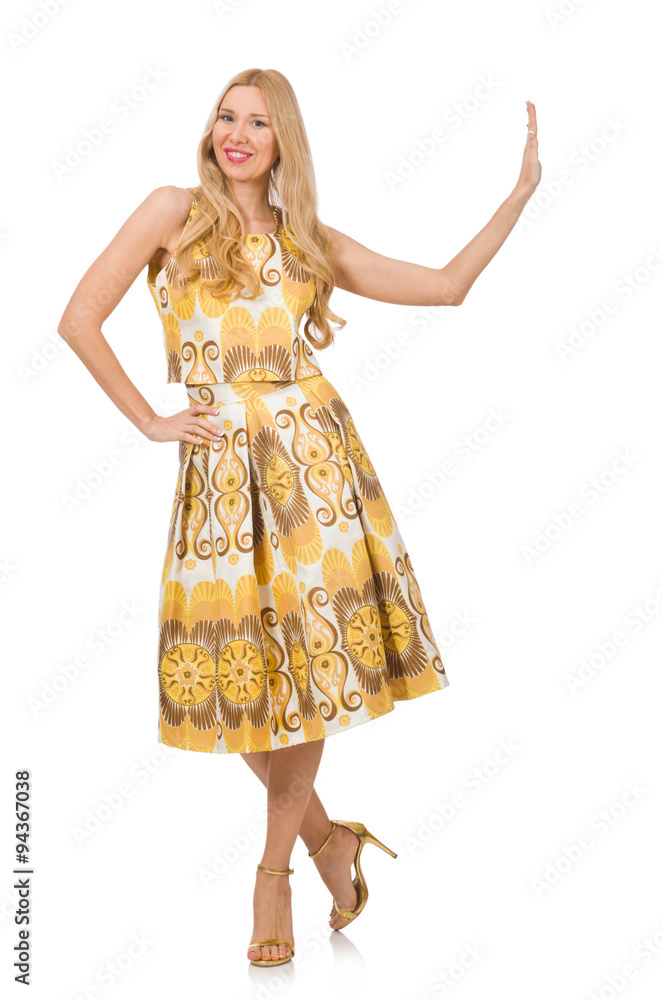 Pretty girl in yellow floral dress isolated on white